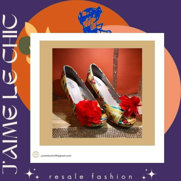 Dolce by Mojo Moxy Multi-Coloured Heels with Red Accent Flower - Picture 1 of 6